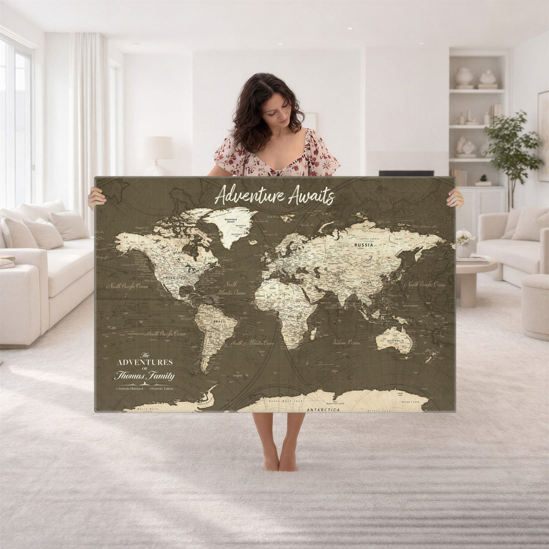 Personalized White Modern World Travel Map Wall Art with Pins, Honeymoon and Anniversary Gift, Living Room and Dining Room Decor