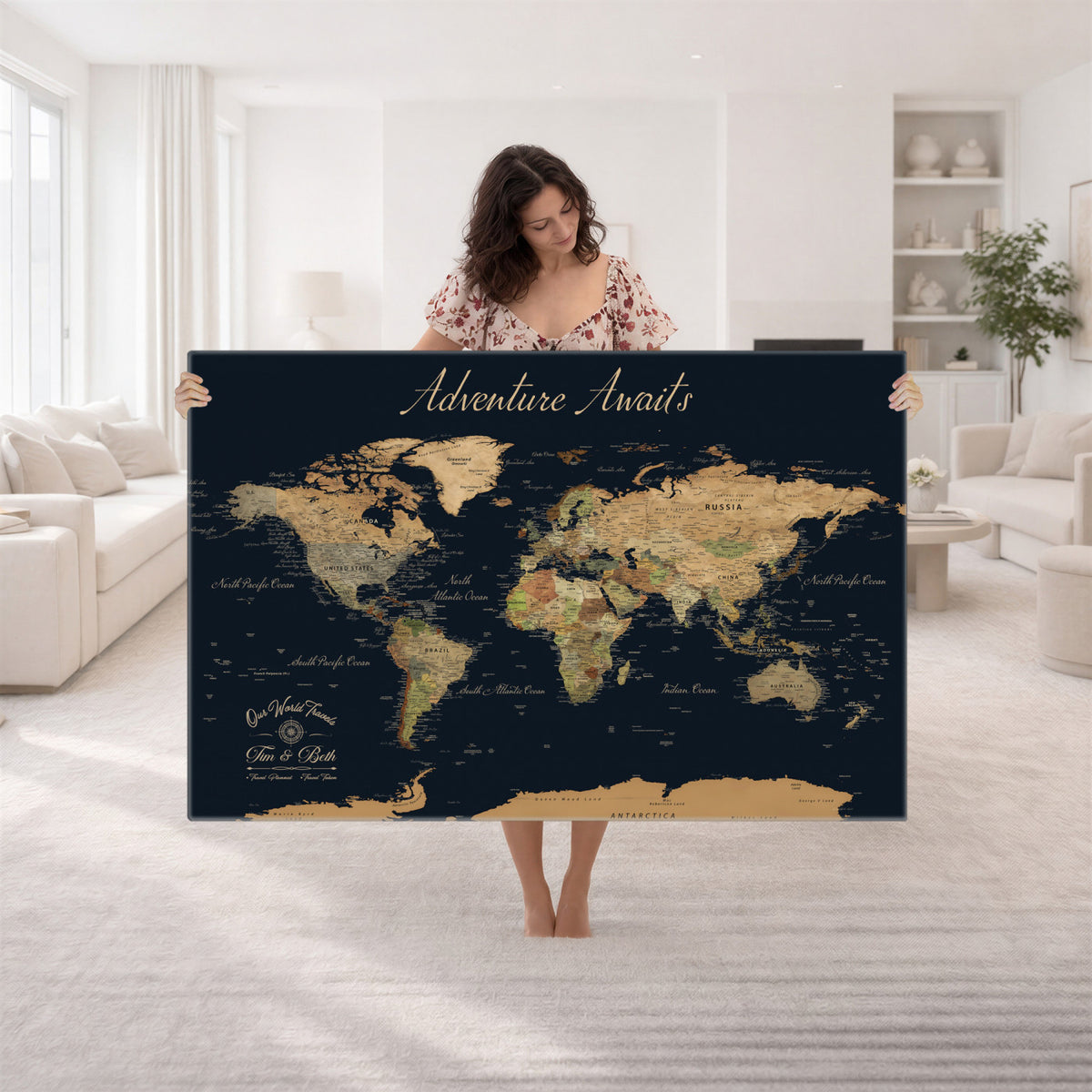 45739634D-MGV-CV-36X24 - Custom Push Pin World Map Wall Art Canvas Print | Personalized Travel Tracker with Pins Framed Large for Home and Office Decor