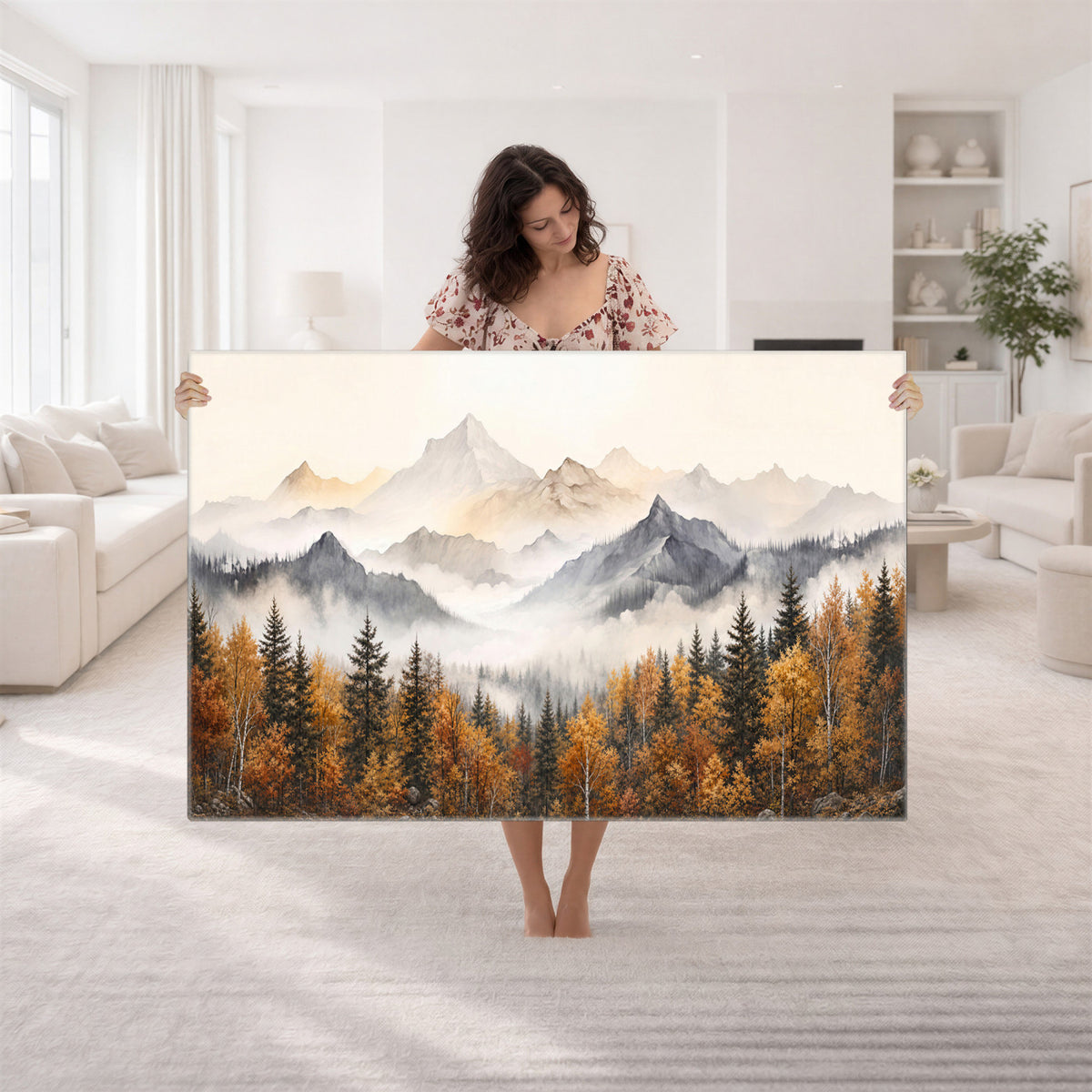 19544118-MGV-TP-30X20 - Misty Mountain Autumn Forest Canvas Wall Art - Watercolor Fall Nature Landscape Print