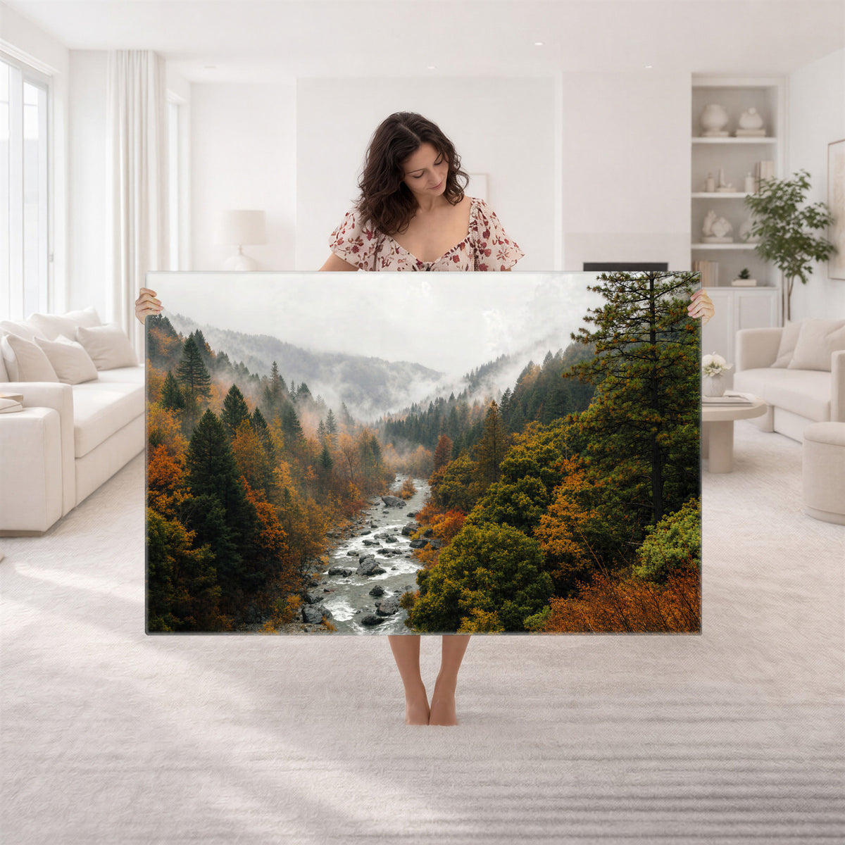 95540697-MGV-TP-30X20 - Misty River Mountain Valley Canvas Wall Art - Autumn Forest Landscape Nature Print