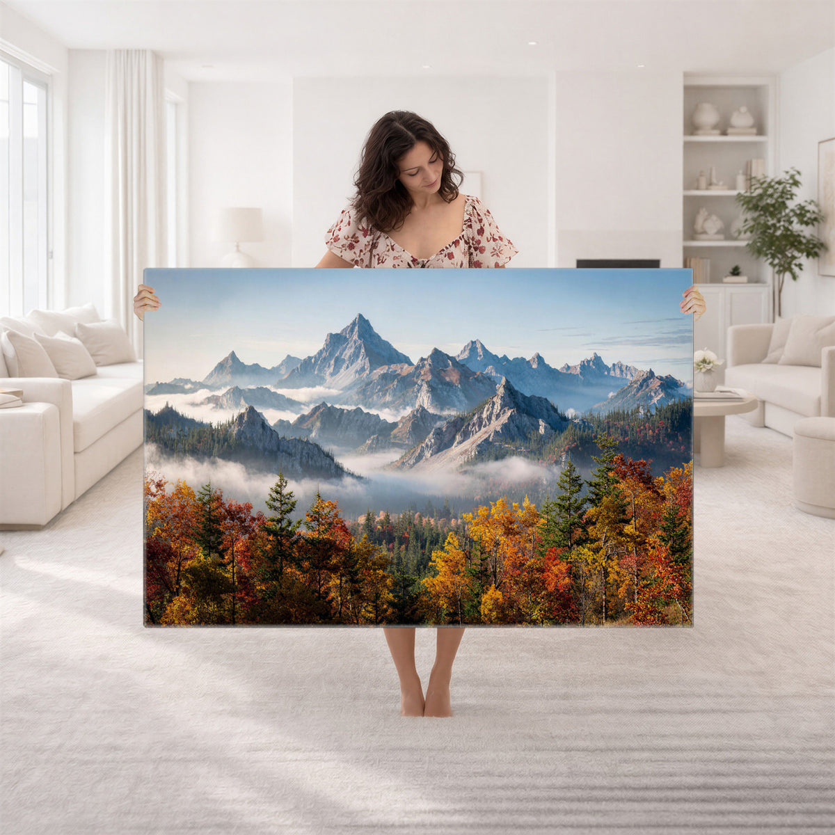 38847944-MGV-TP-30X20 - Majestic Mountain Peak Canvas Wall Art - Panoramic Autumn Forest Fog Landscape Print