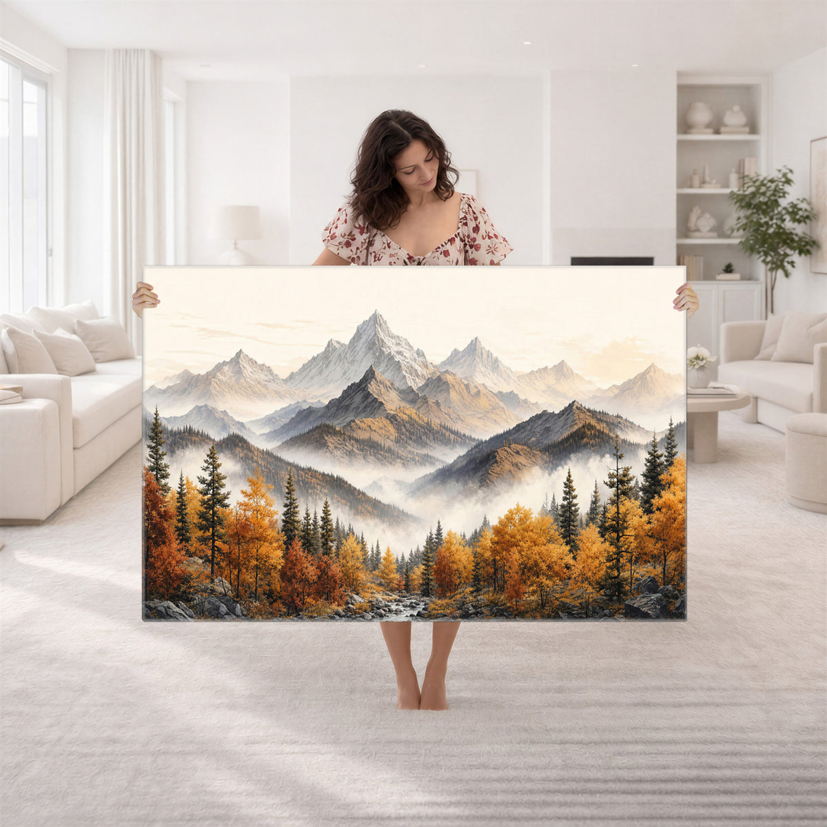 21309099-MGV-TP-30X20 - Extra Large Misty Mountain Autumn Forest Canvas Wall Art - Watercolor Fall Nature Landscape Print