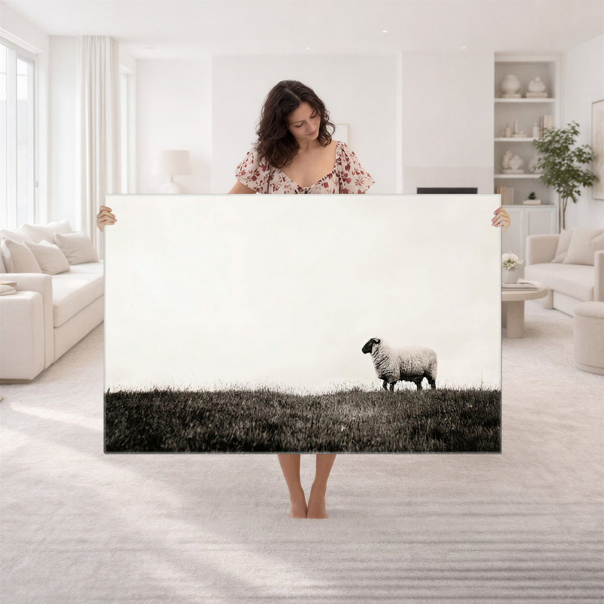 72749448-MGV-TP-30X20 - Minimalist Sepia Sheep Canvas Wall Art - Rustic Farmhouse Country Landscape Print