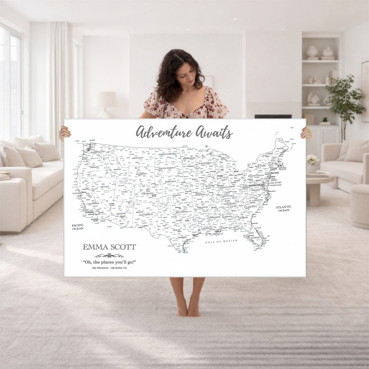 73634814-MGV-CV-36X24 - Custom USA Push Pin Travel Map Canvas Wall Art - Personalized Couples Gift Flat Digital Print