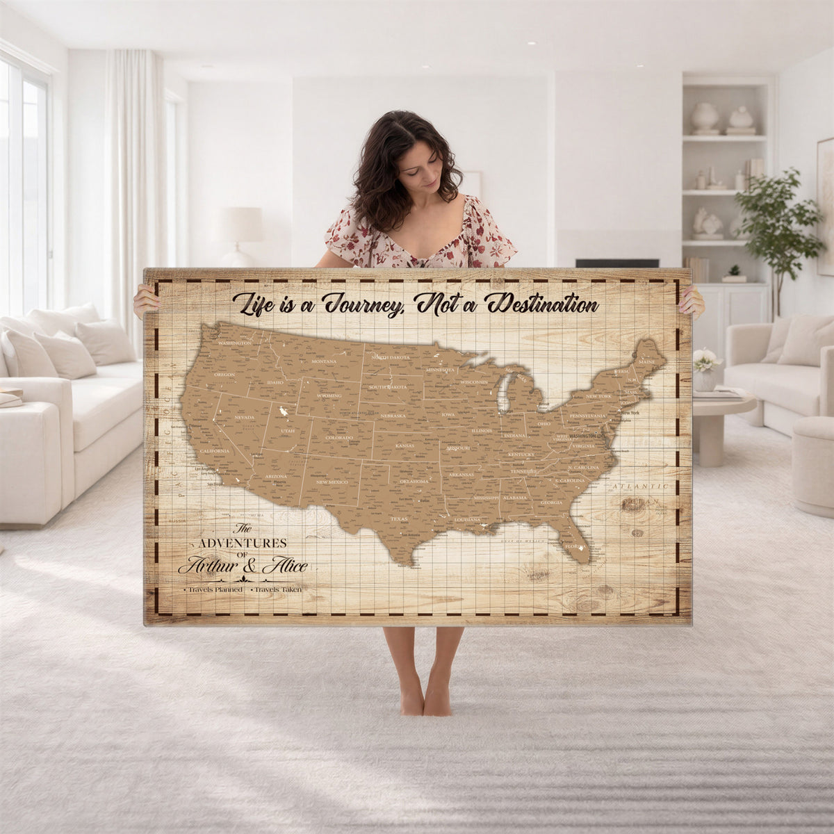 82934328-MGV-CV-36X24 - Custom USA Push Pin Travel Map Canvas Wall Art - Personalized Couples Gift Flat Digital Print