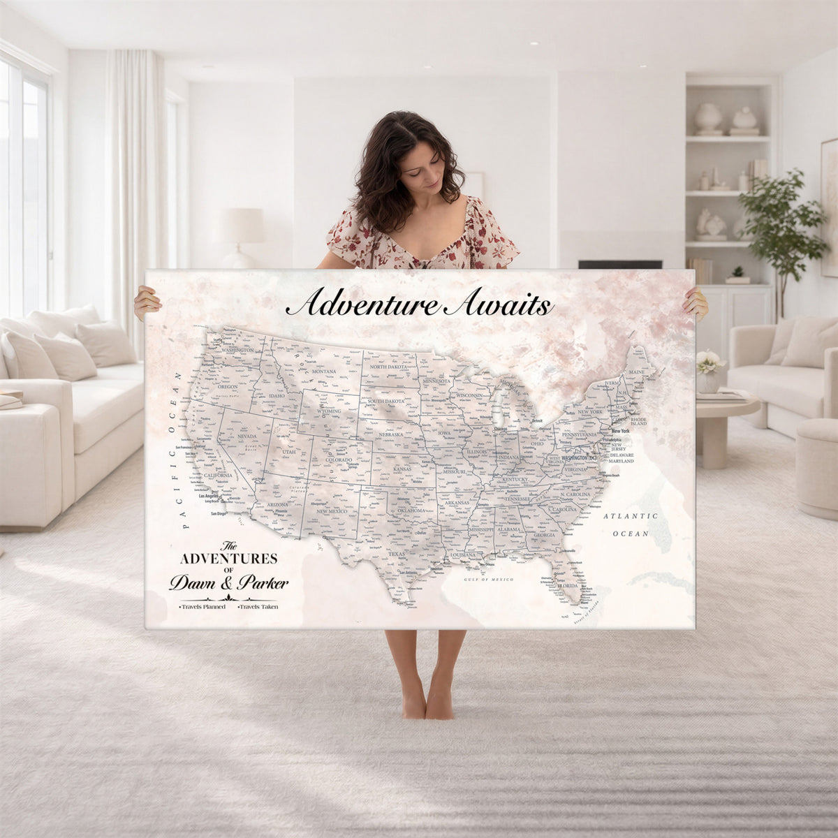 50687859-MGV-CV-36X24 - Custom USA Push Pin Travel Map Canvas Wall Art - Personalized Couples Gift Flat Digital Print