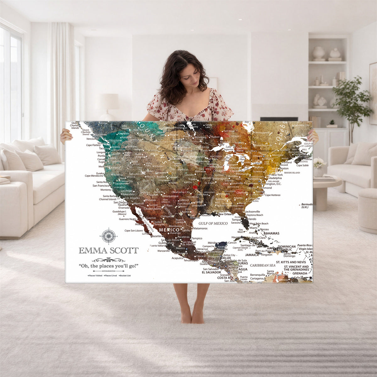 53374031-MGV-CV-36X24 - Custom USA Push Pin Travel Map Canvas Wall Art - Personalized Couples Gift Flat Digital Print