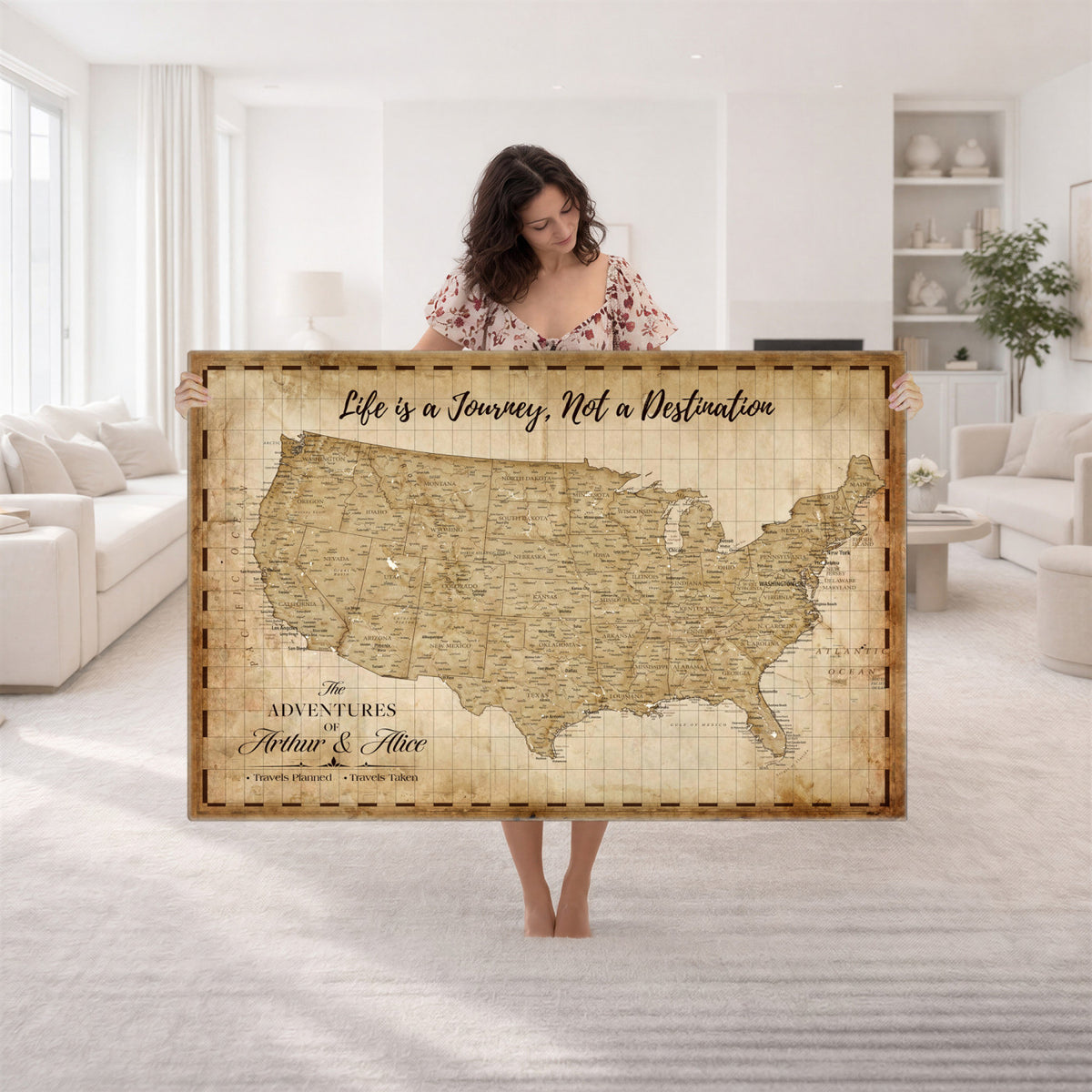 90686209-MGV-CV-36X24 - Custom USA Push Pin Travel Map Canvas Wall Art - Personalized Couples Gift Flat Digital Print