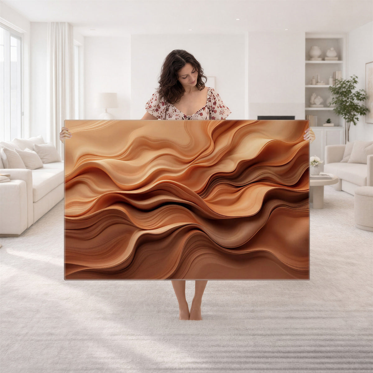 82230697-MGV-CV-36X24 - Modern Abstract Fluid Waves Canvas Wall Art - Minimalist Warm Terracotta Beige Sand Print