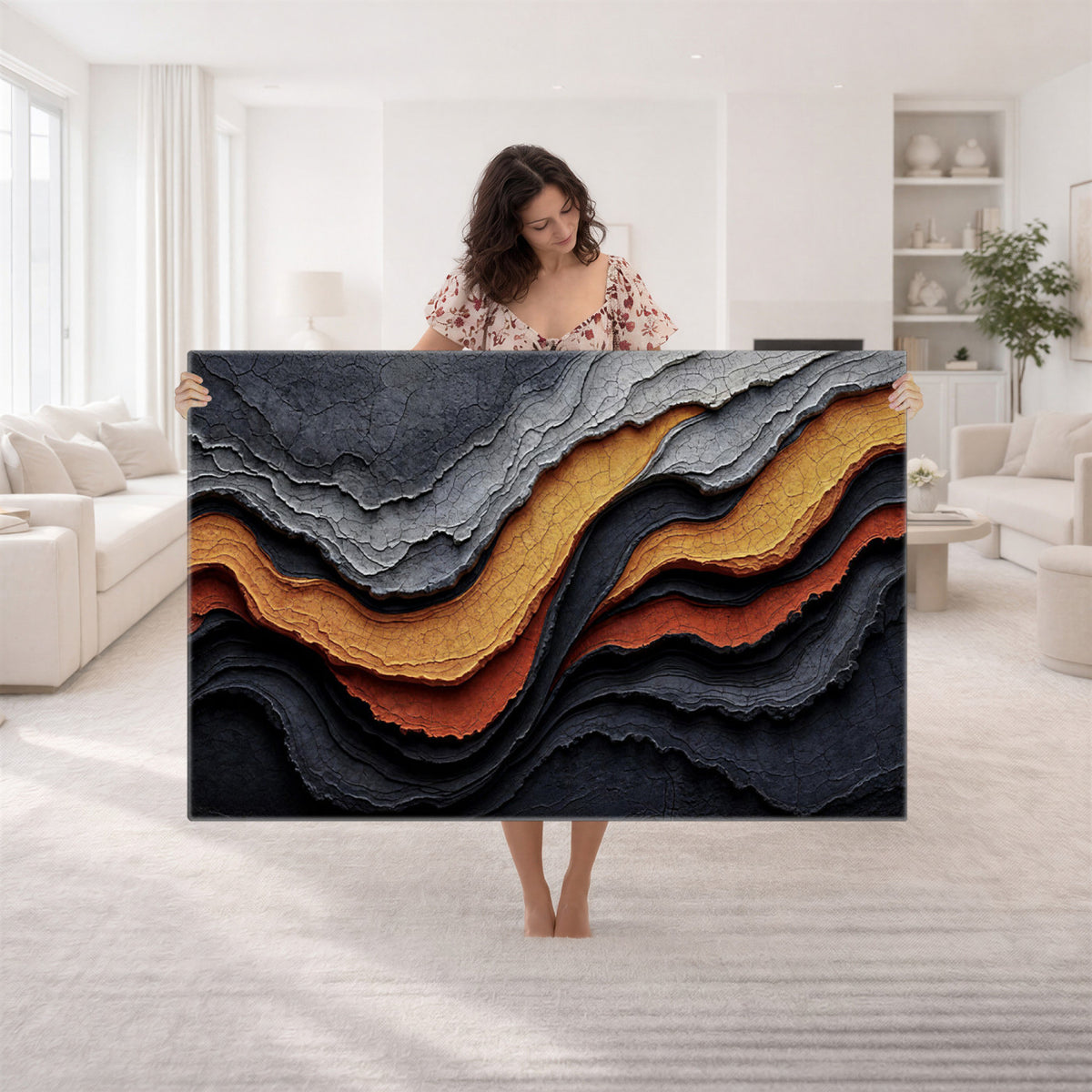 59852489-MGV-CV-36X24 - Abstract Waves Canvas Wall Art - Modern Terracotta and Charcoal Gray Print