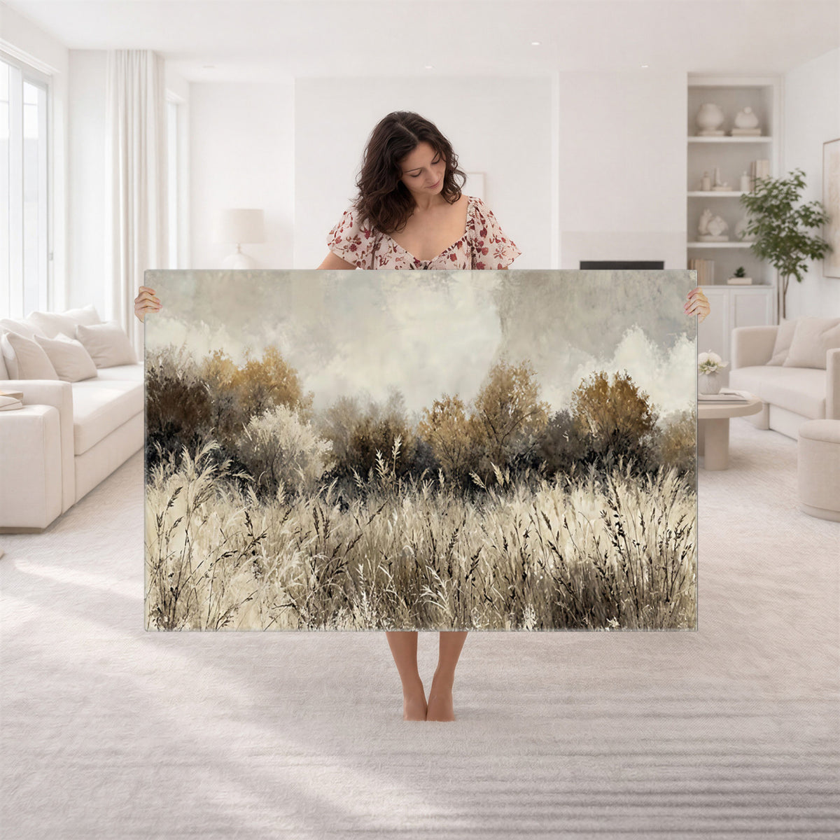 53959945-MGV-TP-30X20 - Muted Neutral Forest Landscape Canvas Wall Art - Vintage Rustic Wildflower Meadow Print