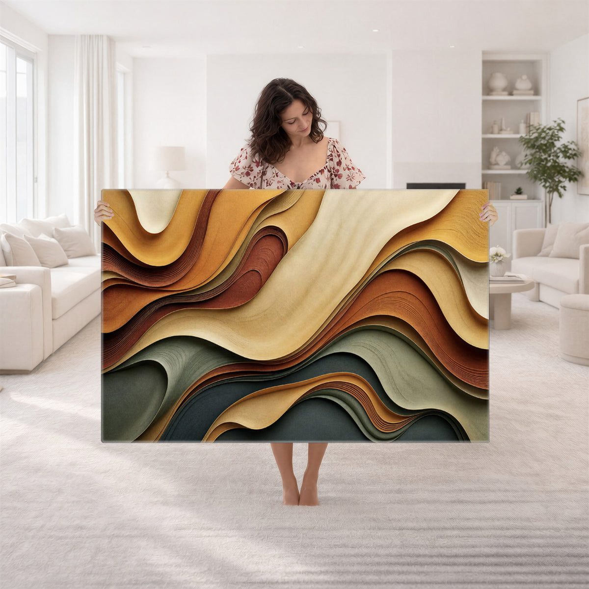 19337902-MGV-CV-36X24 - Modern Abstract Waves Canvas Wall Art - Minimalist Earthy Tone Living Room Decor
