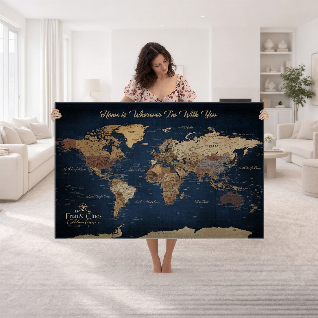 Custom Framed Deep Blue Geometric Push Pin World Map Wall Art, Next Trip Planner Map, Family Room and Hallway Decor