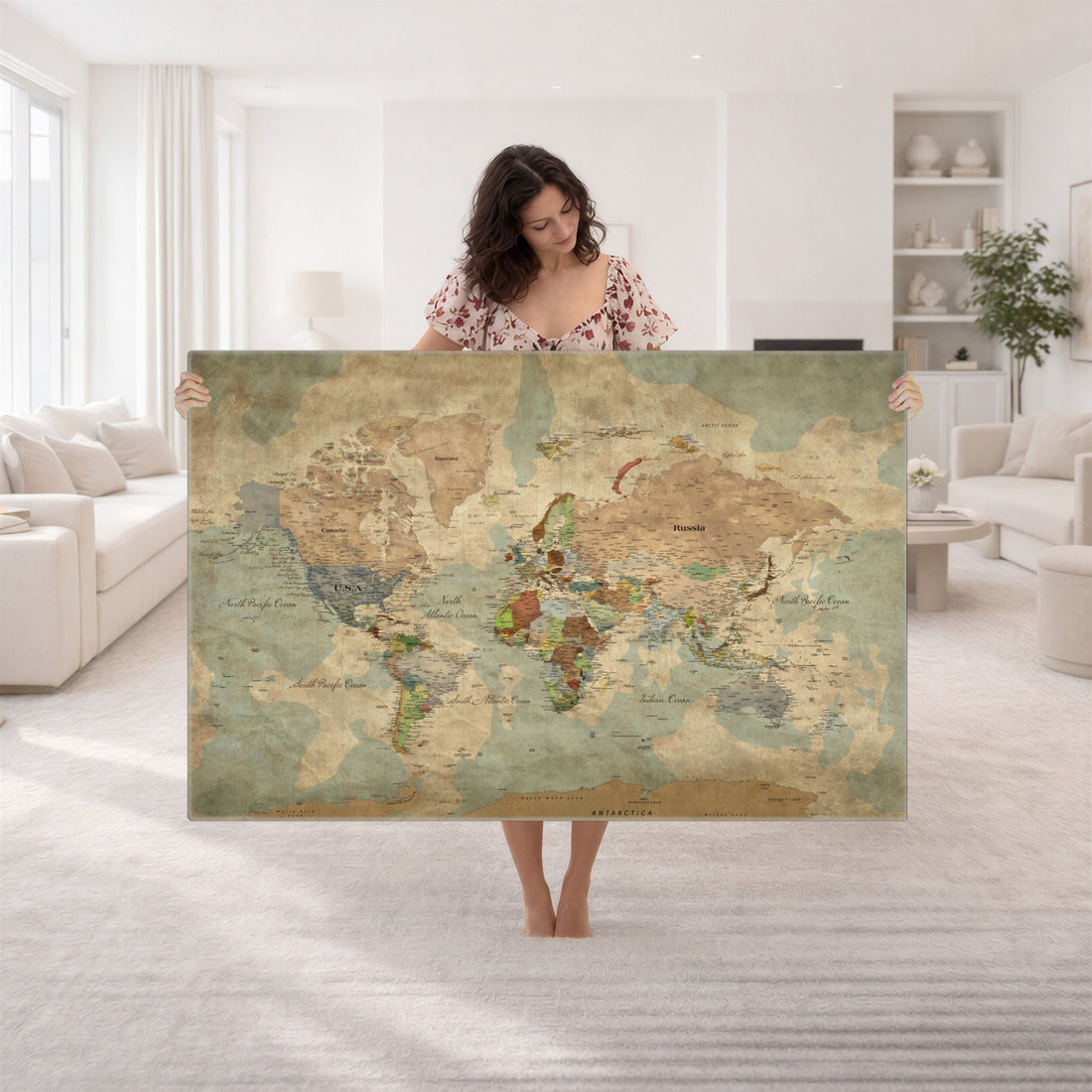 Custom Push Pin World Map Wall Art Canvas Print – Personalized Travel Tracker with Pins Framed Large for Home and Office Decor