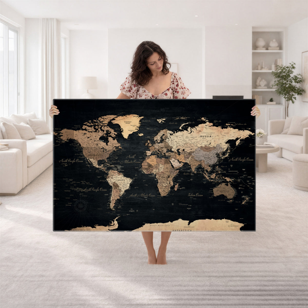 55335455D-MGV-CV-36X24 - Custom Push Pin World Map Wall Art Canvas Print – Personalized Travel Tracker with Pins Framed Large for Home and Office Decor