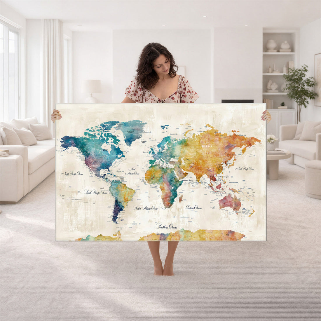 Custom Push Pin World Map Wall Art Canvas Print – Personalized Travel Tracker with Pins Framed Large for Home and Office Decor