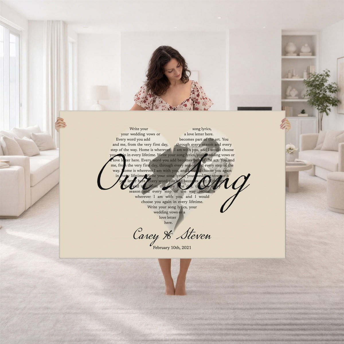 CSTM911D-MGV-CV-36X24 - Lyrics Heart Canvas Print – Personalized Song Lyrics in a Heart Shape Wall Art