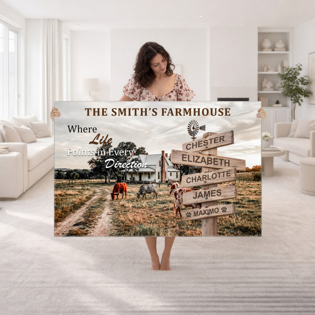 Personalized Farmhouse Family Signpost Canvas, Custom Name Wall Art