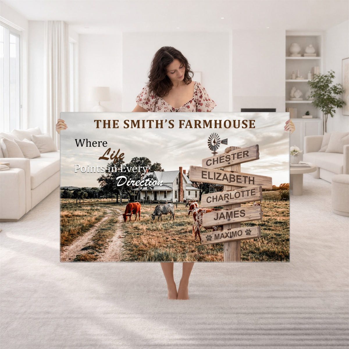 Personalized Farmhouse Family Signpost Canvas, Custom Name Wall Art