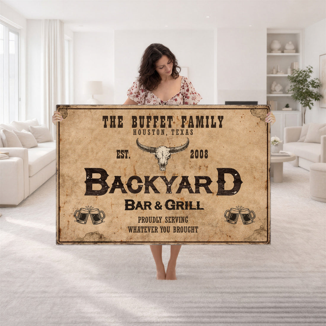 Custom Backyard Bar & Grill Sign Canvas, Personalized Family Name Sign