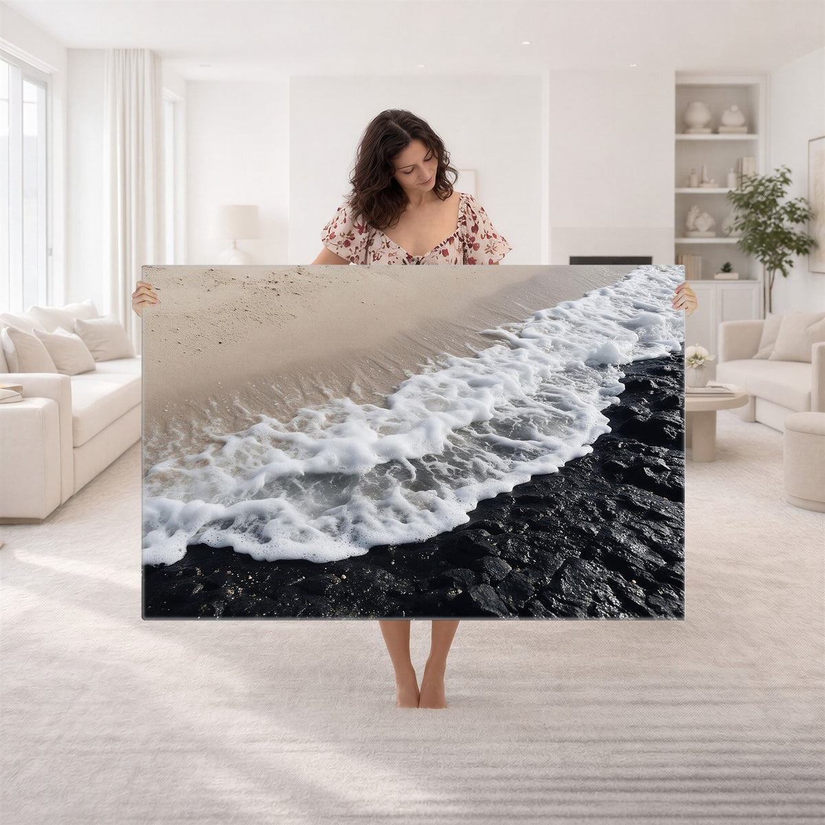 27448606-MGV-CV-24X16 - Ocean Wave Foam on Black Lava Rock Beach Canvas Wall Art Print