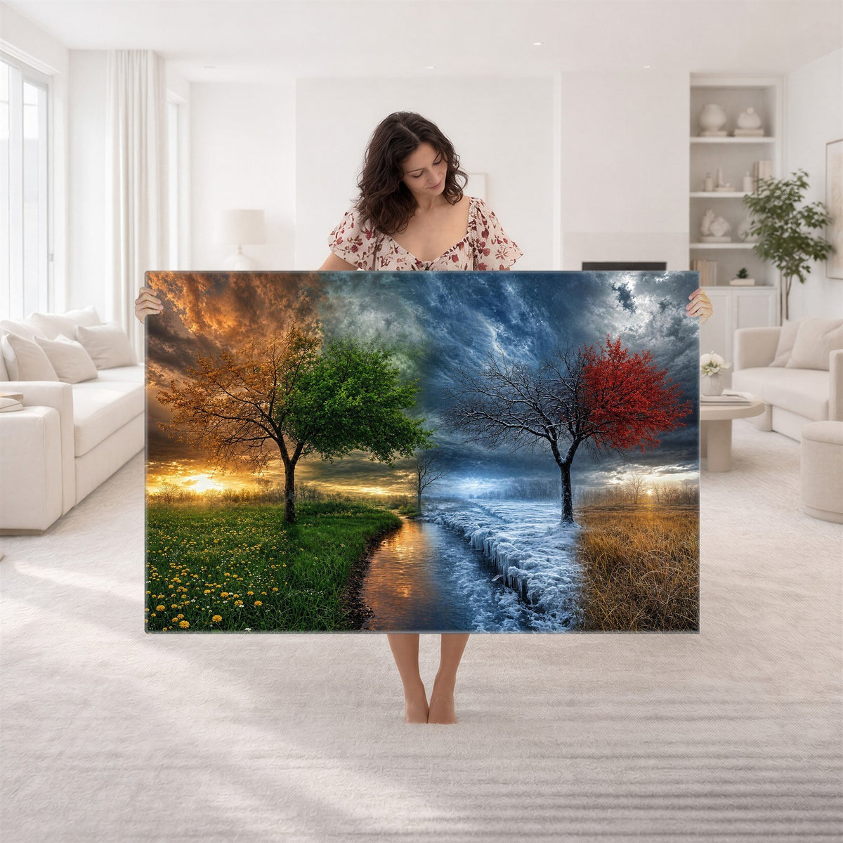 61895574-MGV-CV-24X16 - Four Seasons Tree Canvas Wall Art, Nature Landscape Canvas Print for Living Room