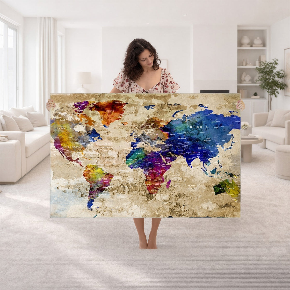 Colorful World Map Canvas Wall Art | Abstract Watercolor Map Print