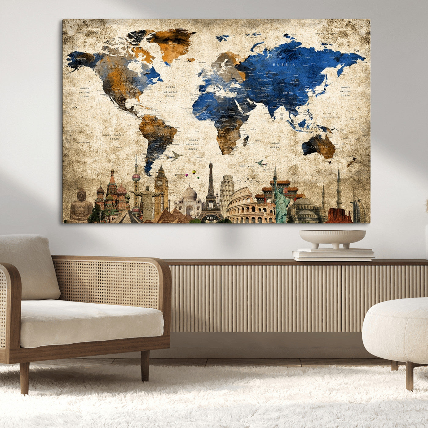 MGV-CV-36X24 - Push Pin World Map Canvas Print – Framed Wall Art for Couples to Track Their Travels – Anniversary