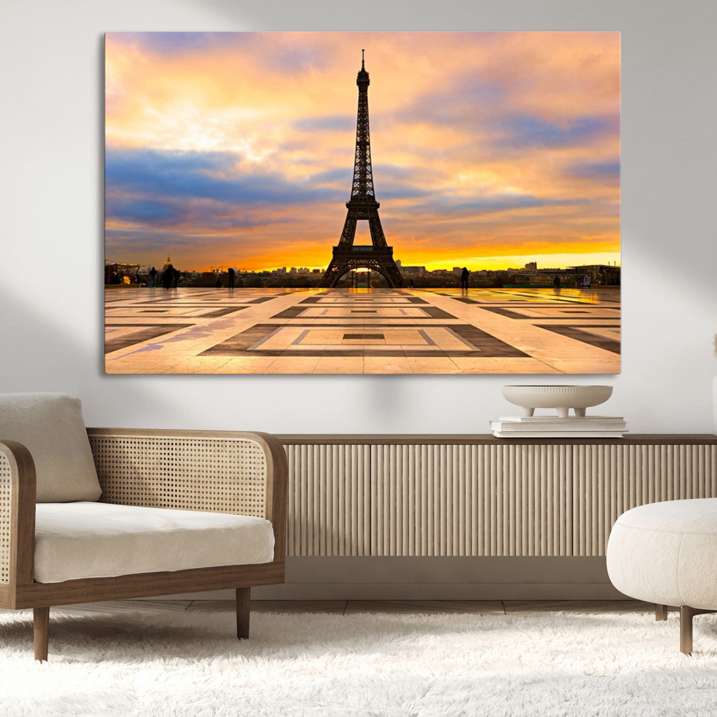 MGV-CV-36X24 - Paris Eiffel Tower Sunset Canvas Wall Art Print - Iconic Landmark Decor with Vibrant Colors