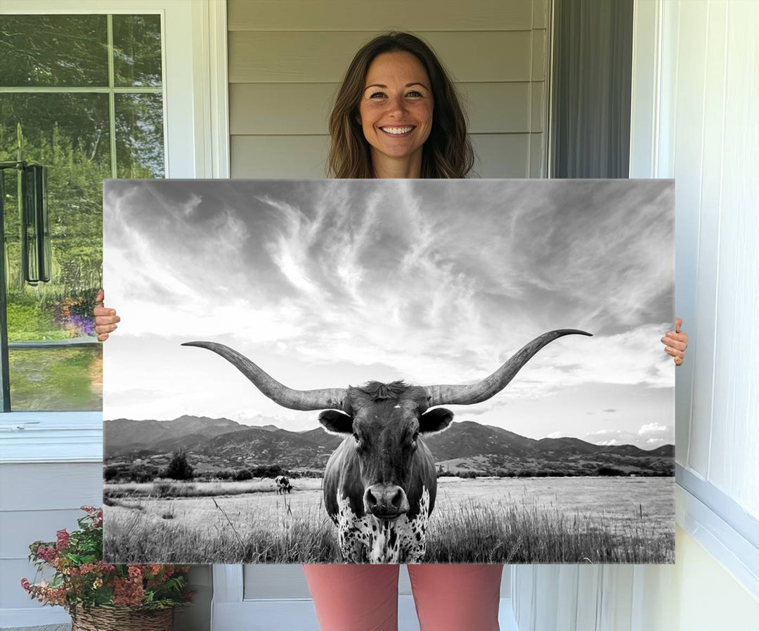 Modern living room featuring Longhorn Cow Wall Art Canvas Print.