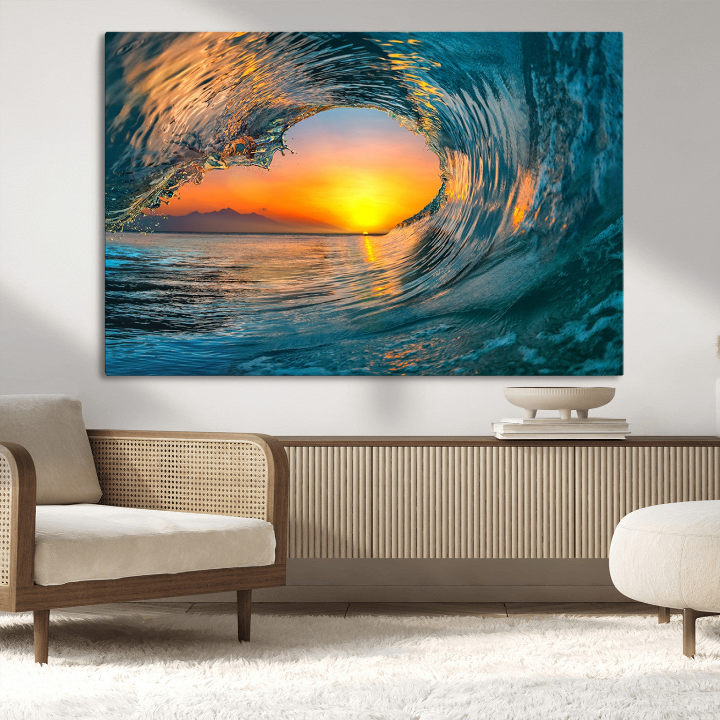 MGV-CV-36X24 - Ocean Wave Sunset Wall Art | Large Coastal Wave Canvas Print | 3-Panel Ocean Sunset Seascape for