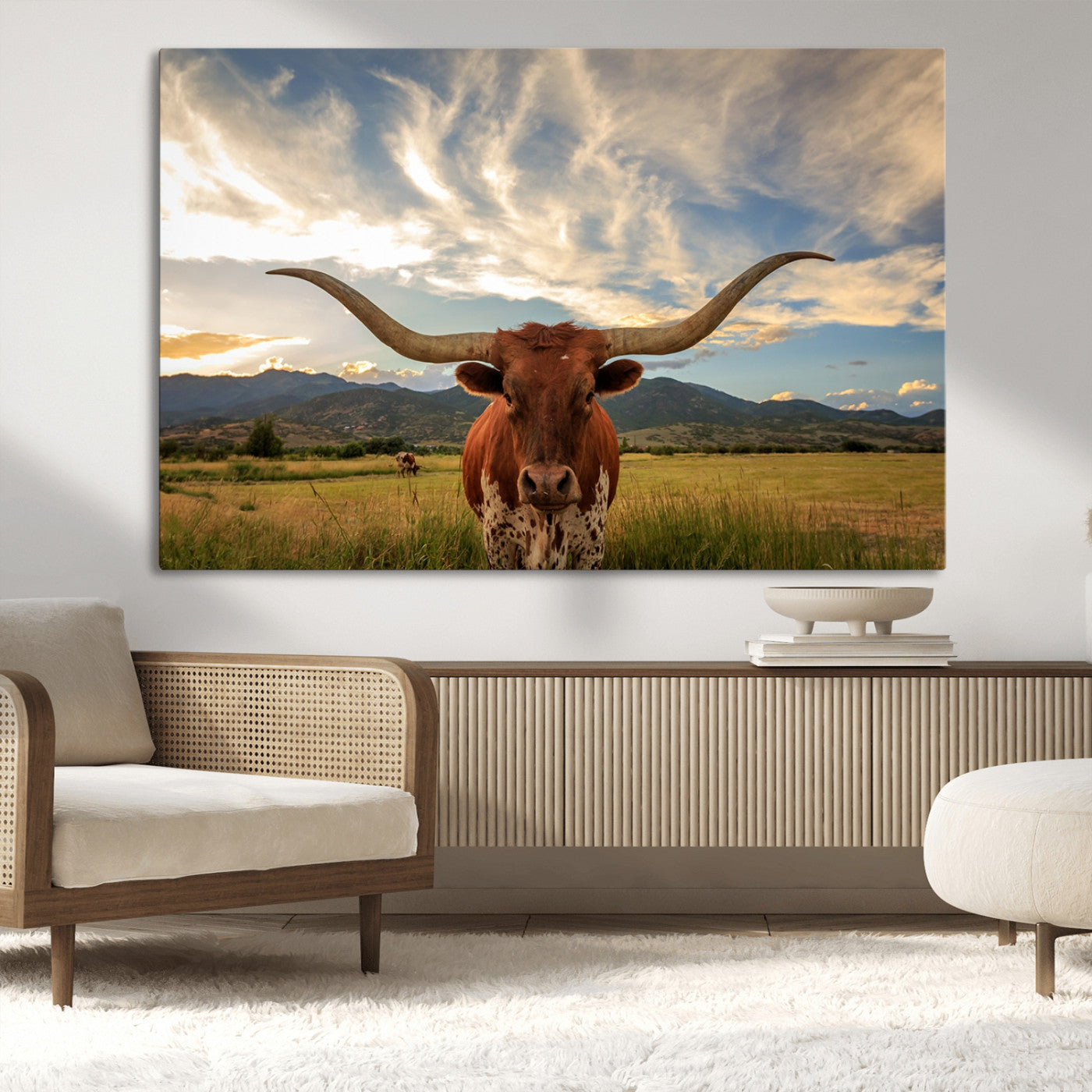 MGV-CV-36X24 - Texas Longhorn Canvas Wall Art – Majestic Triptych Animal Print – Rustic Western Decor for Living