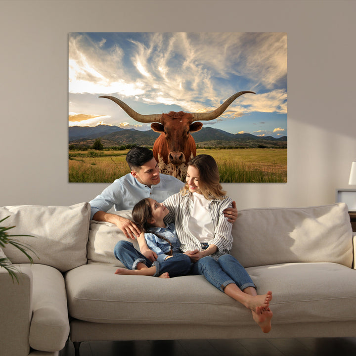 Texas Longhorn Canvas Wall Art – Majestic Triptych Animal Print – Rustic Western Decor for Living Room or Office – Ready to Hang