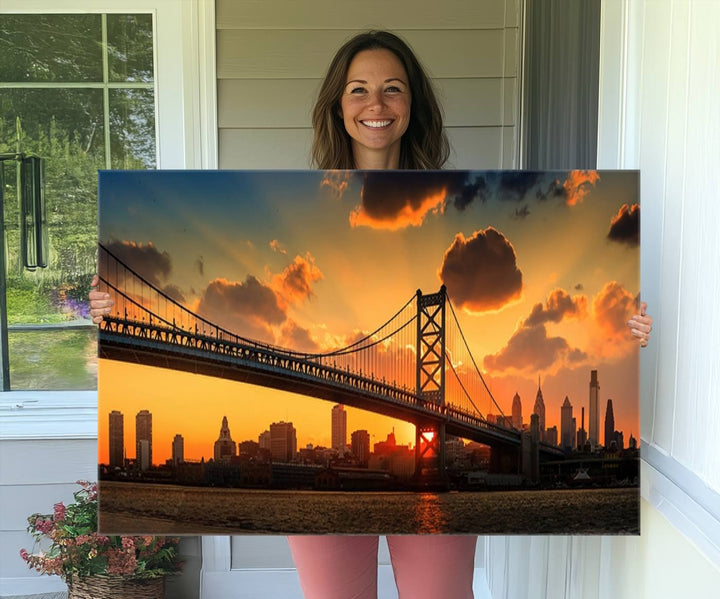 The Philadelphia Ben Franklin Bridge Wall Art Canvas Print radiates charm, embodying the beauty of premium canvas. This handmade-in-the-USA artwork captures attention with its distinct presence.