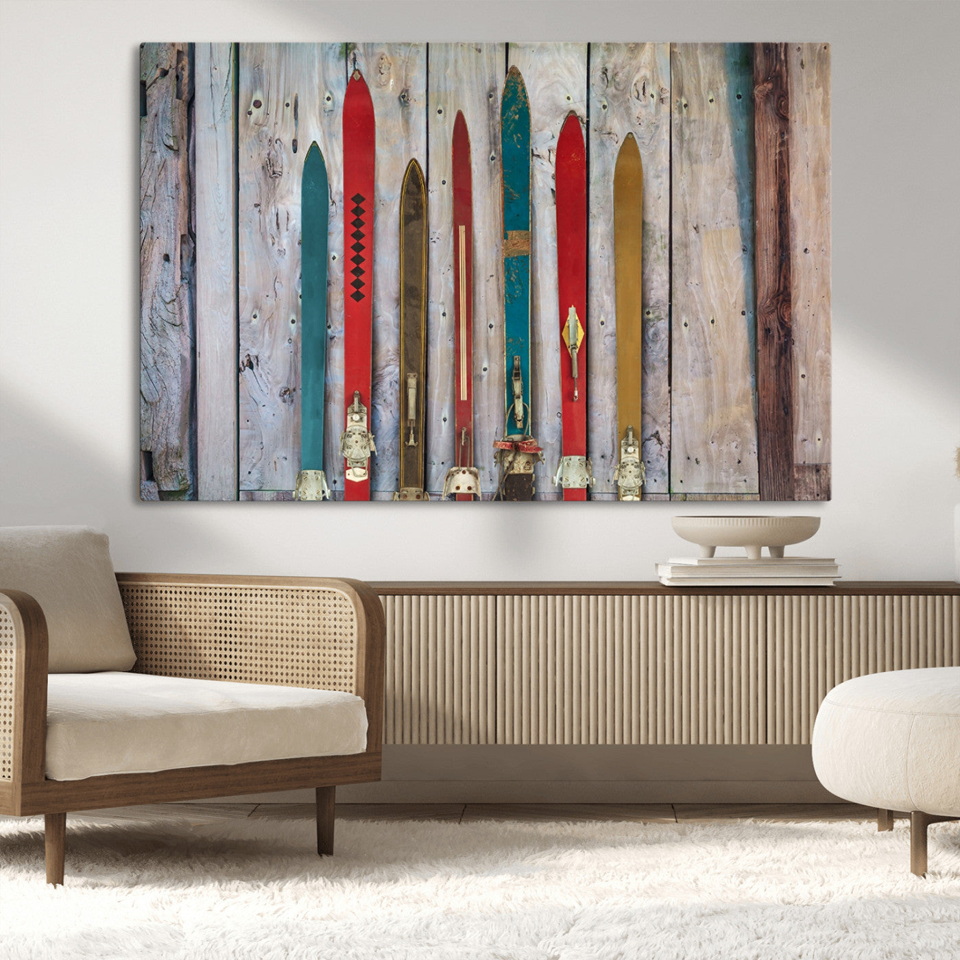MGV-CV-36X24 - Vintage Wooden Weathered Ski's in Front of an Old Barn Wall Art Canvas Print for Farmhouse, Cabin