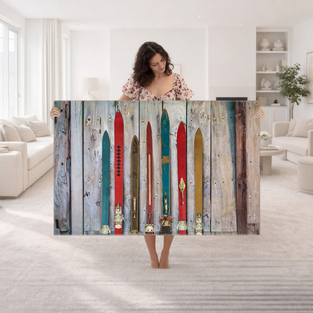 30640-MGV-CV-36X24 - Vintage Wooden Weathered Skis in Front of an Old Barn Wall Art Canvas Print