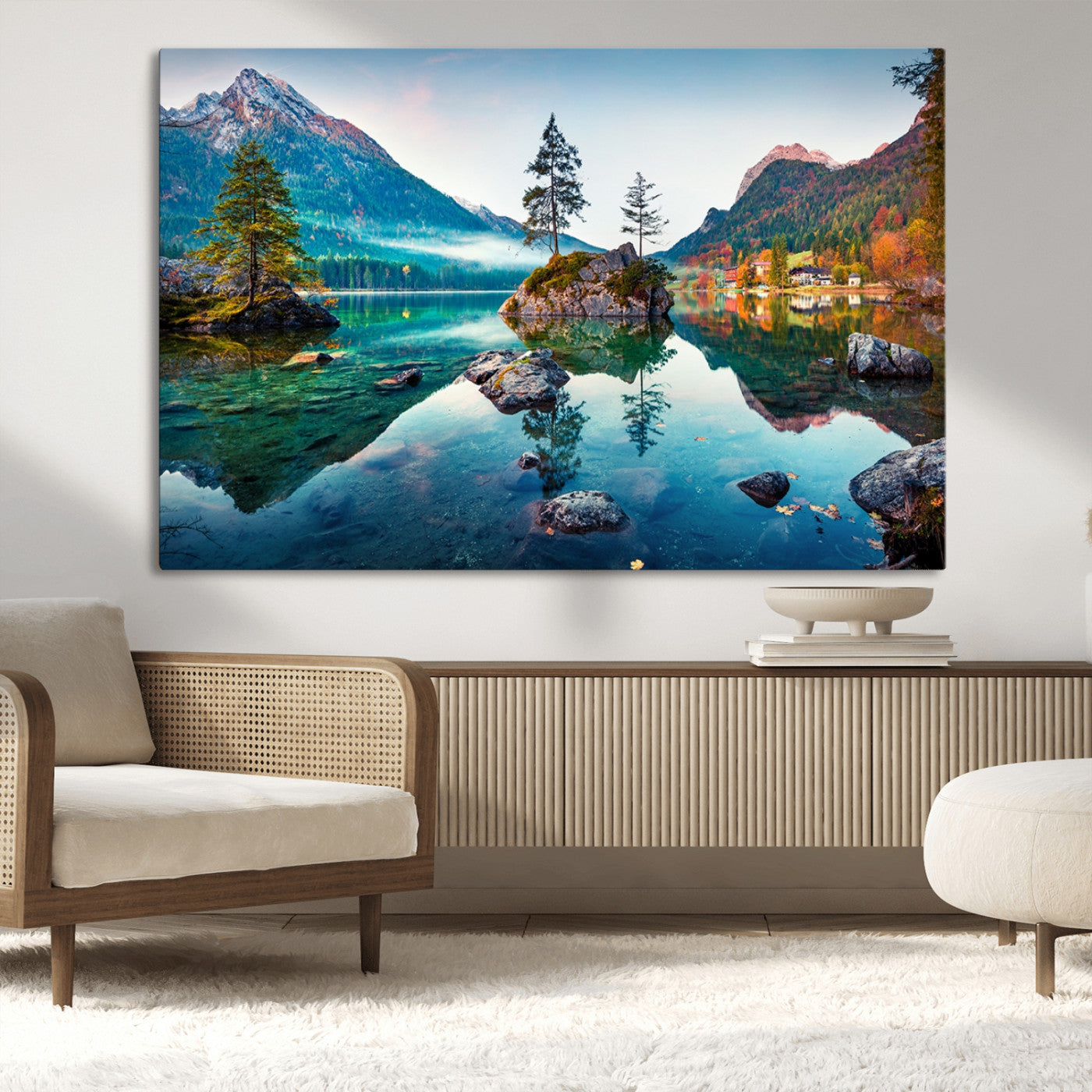 -Crystal Clear Lake Wall Art | Mountains Wall Art Canvas | 3 Panel Large Landscape Print for Dining
