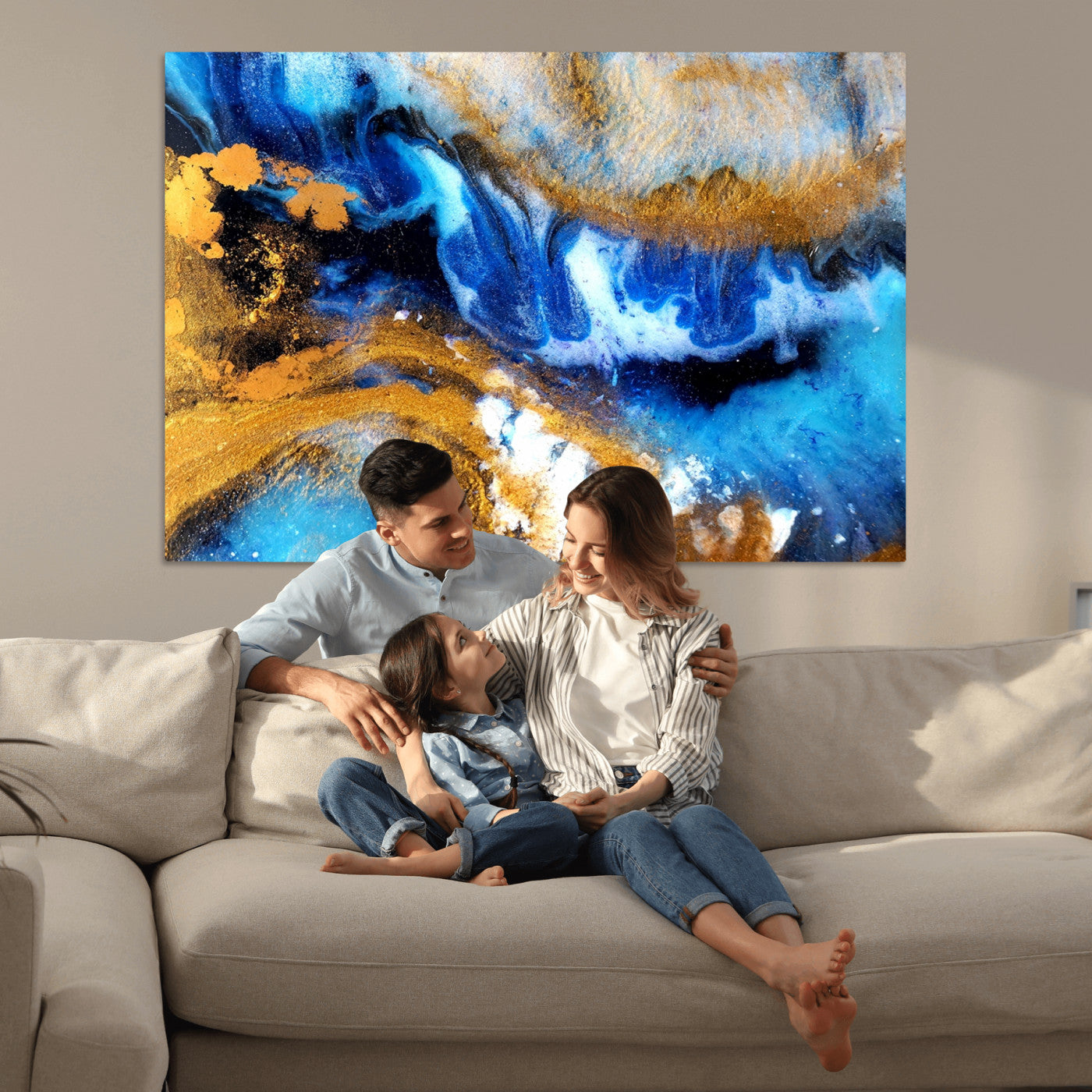 42100-MGV-CV-36X24-Blue Orange Marble Fluid Effect Canvas Wall Art Print