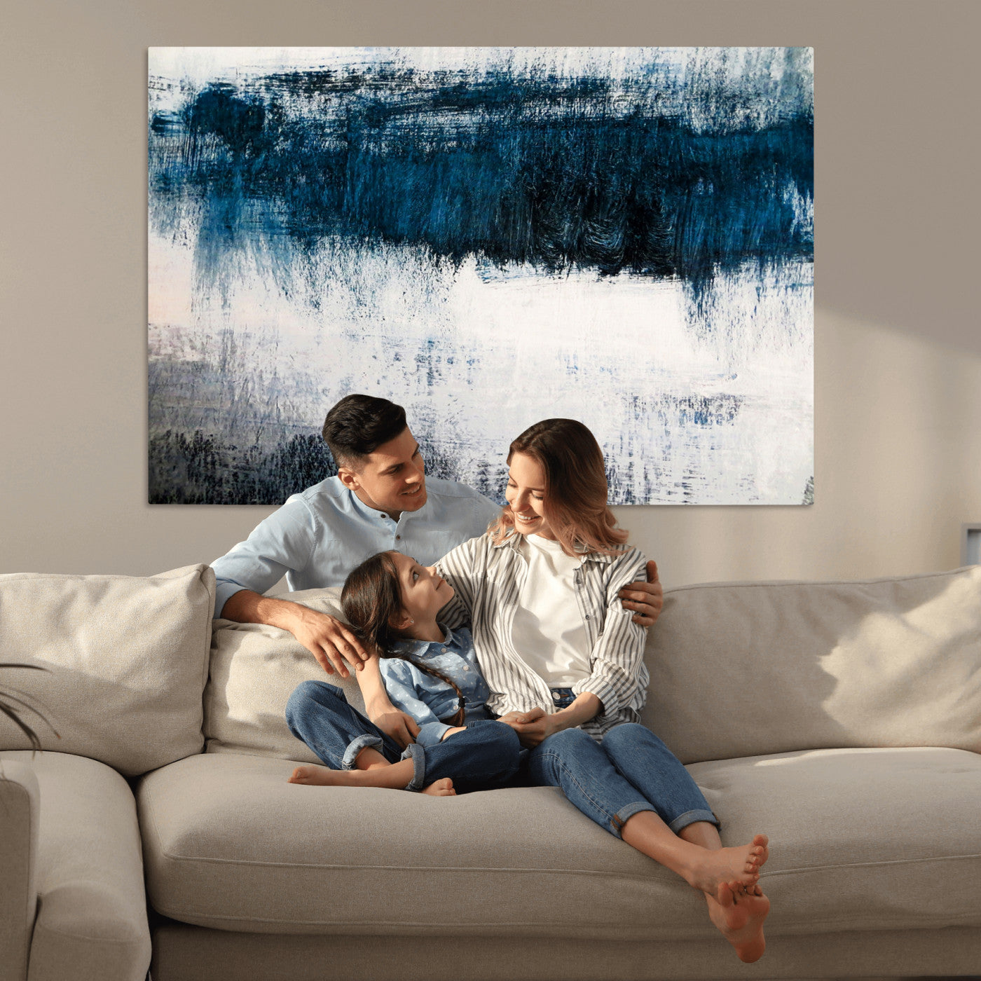 38954-MGV-CV-36X24-Abstract Blue and White Canvas Art | Large Wall Art for Modern Living Room Decor | Minimalist Brushstroke Painting on Canvas