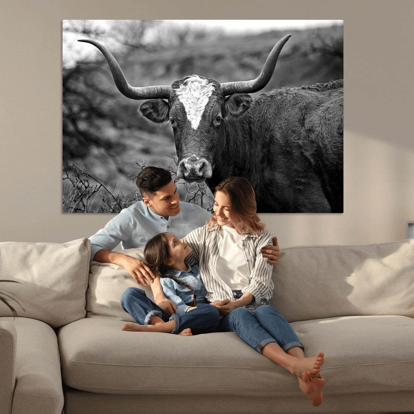 76200-MGV-CV-36X24-Western Home Wall Art Canvas Print, Framed Texas Longhorn Art Picture Print, Rustic Cow Perfect Rustic Farmhouse Decor Artwork
