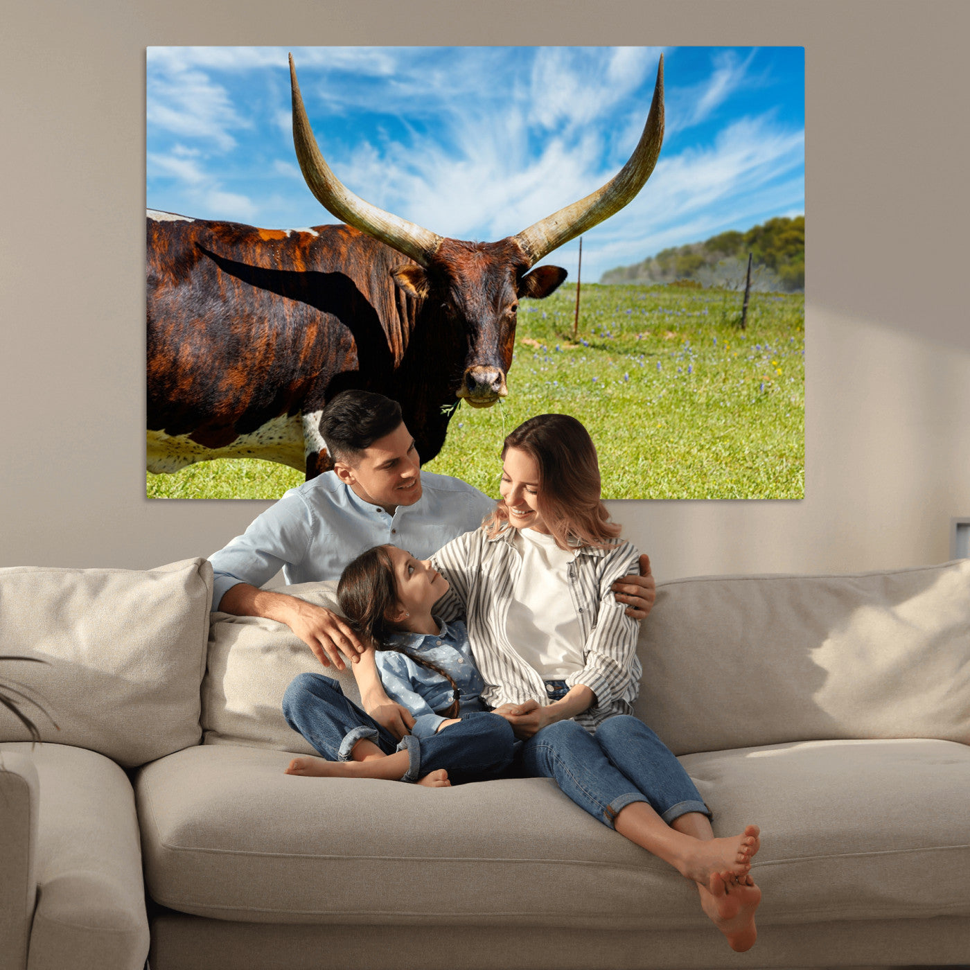 47037-MGV-CV-36X24-Longhorn and Cow Wall Art, Country Cow Wall Decor Canvas Print