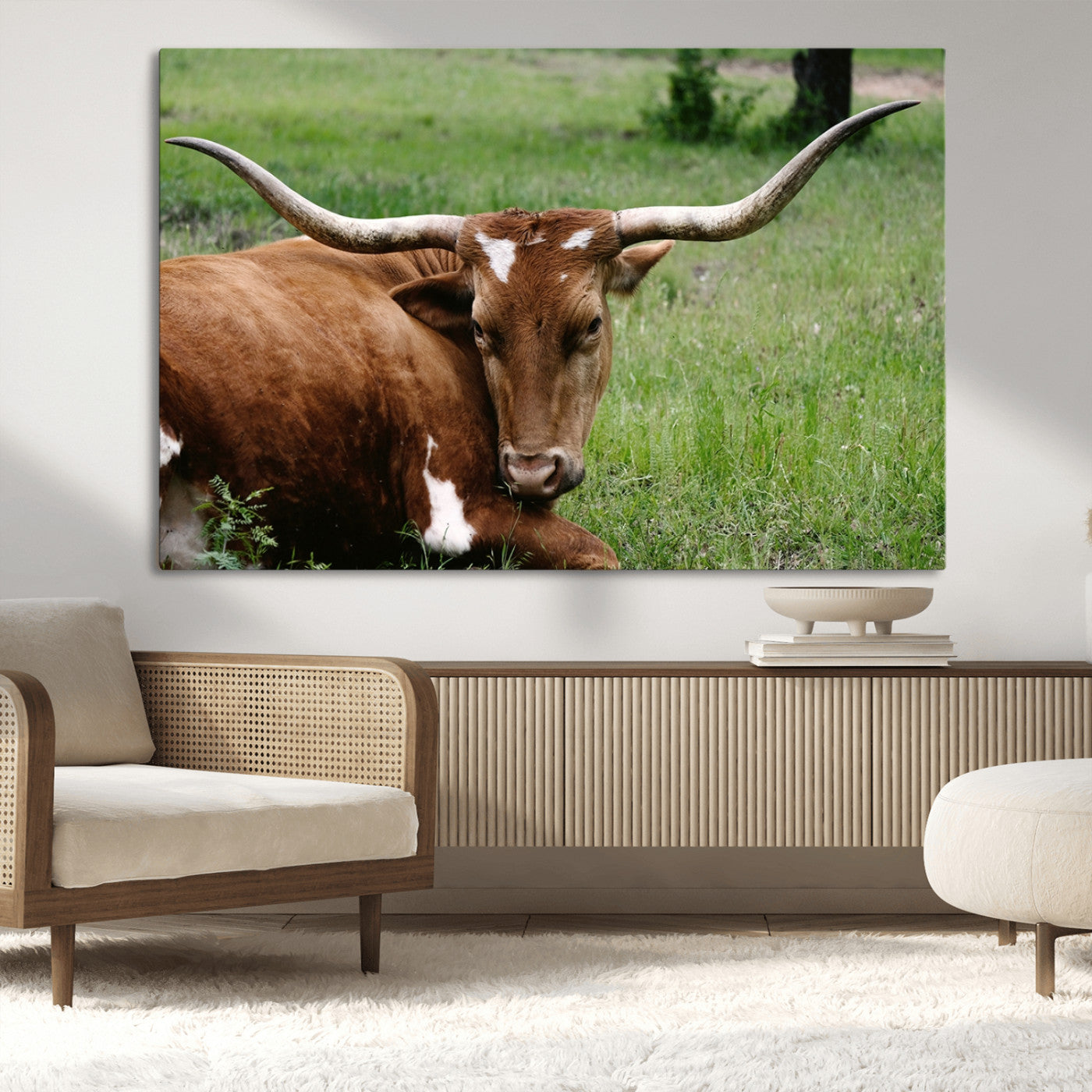 MGV-CV-36X24 - Longhorn Steer Canvas Wall Art – Rustic Nature Triptych Decor for Living Room or Office – Ready to