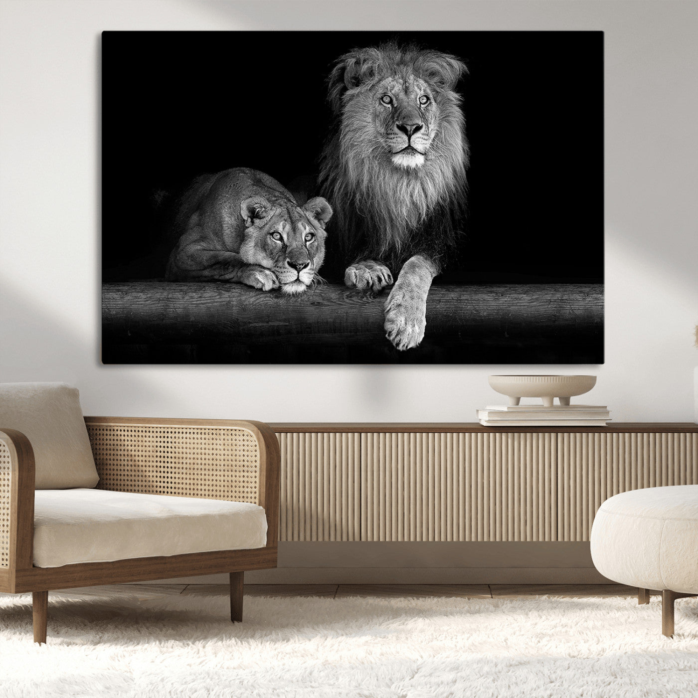 MGV-CV-36X24 - Large Black and White Lion Couple Wall Art Canvas Print