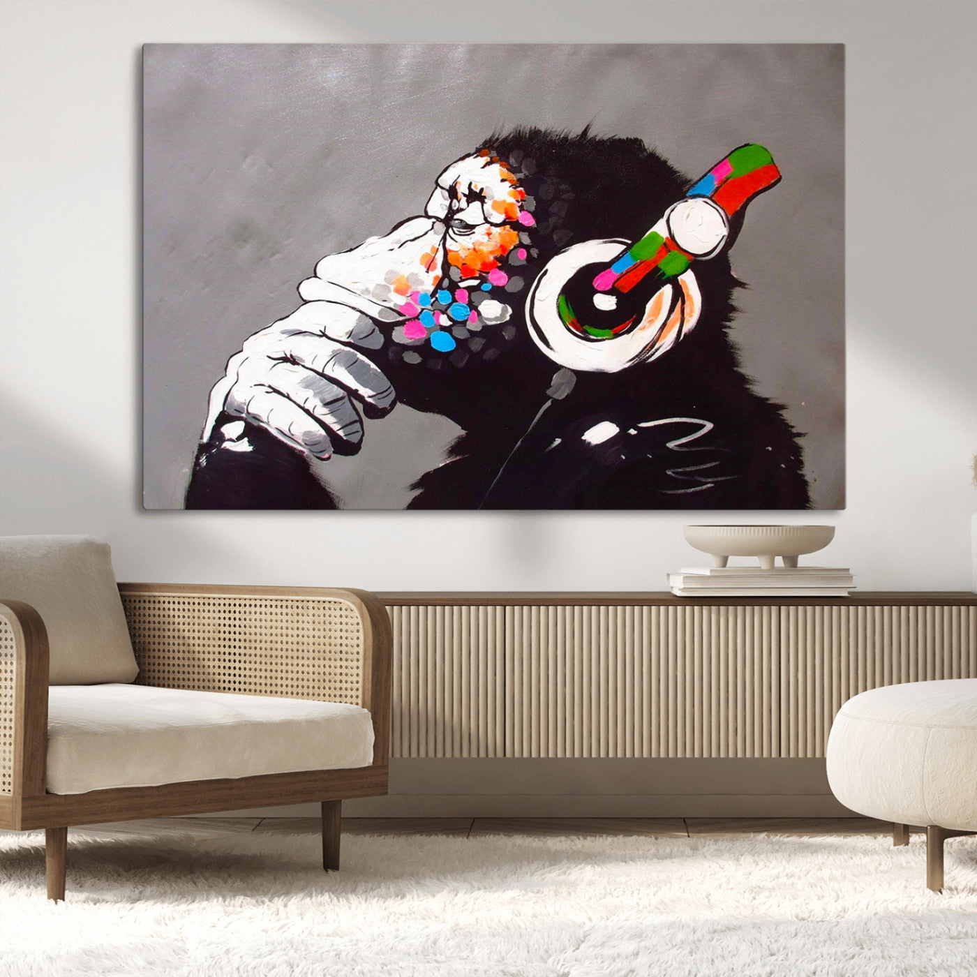 MGV-CV-36X24 - Dj Monkey Listening to Music Wall Art Print | Banksy Monkey Large Canvas Print for Living Room,