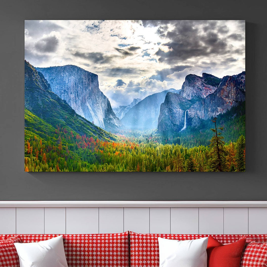 The Yosemite Park Half Dome 3 Panel Canvas Print beautifully captures the enchanting beauty of national parks with its vibrant mountain and forest scene. This large giclée landscape wall art is perfect for living rooms, offices, or bedrooms and comes ready to hang.