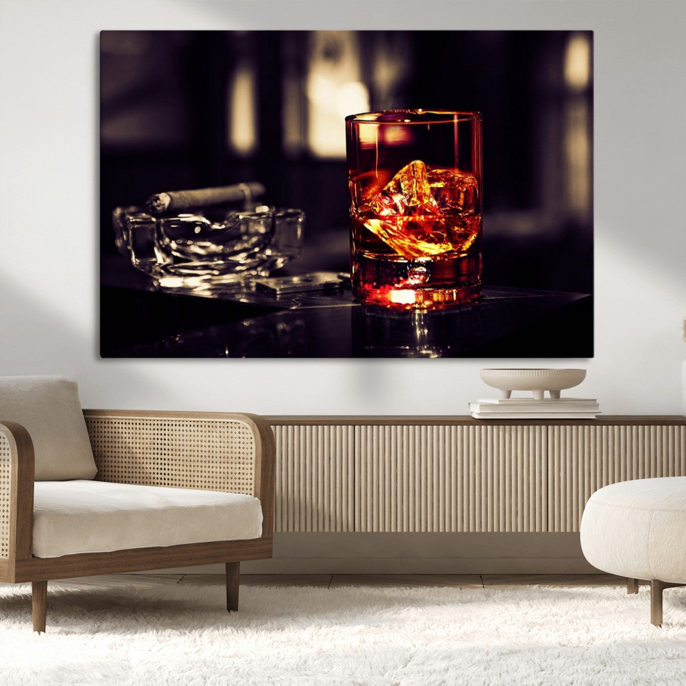 MGV-CV-36X24 - Whiskey and Cigar Canvas – Luxurious Wall Art for Home or Bar – Glass and Cigar Scene Print Canvas