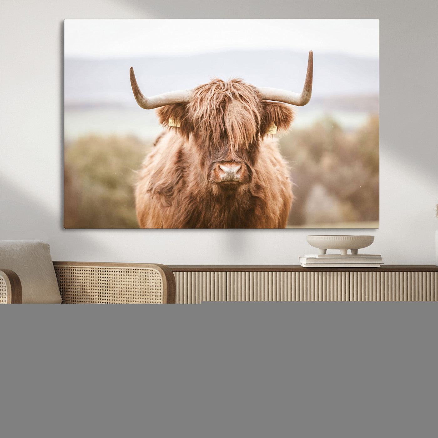 MGV-CV-36X24 - Scottish Serene Highland Cow Canvas Wall Art – Serene Highland Cow in Natural Pastel Tones – Ready