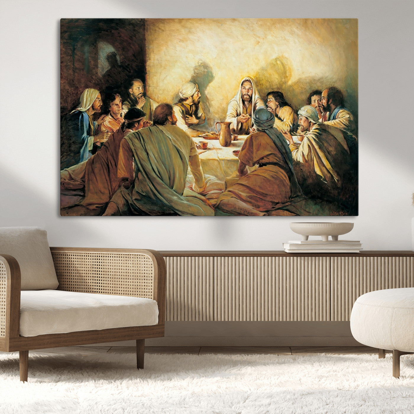 Framed canvas print of the Last Supper, depicting Jesus and his disciples, perfect for religious or Christian-themed home decor.
