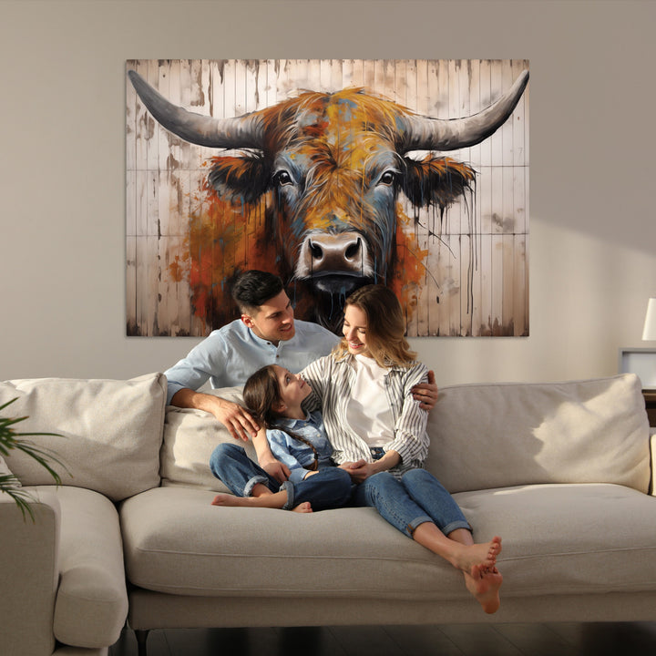 Scottish Highland Cow Cattle Art Print on Wood Style Background