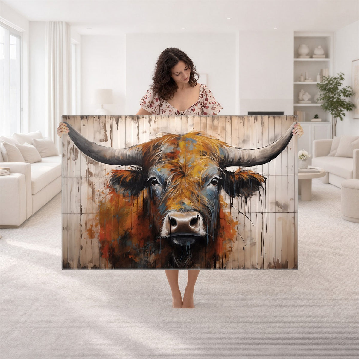 47284-MGV-CV-24X16 - Abstract Bull Highland Cow Canvas Wall Art Print